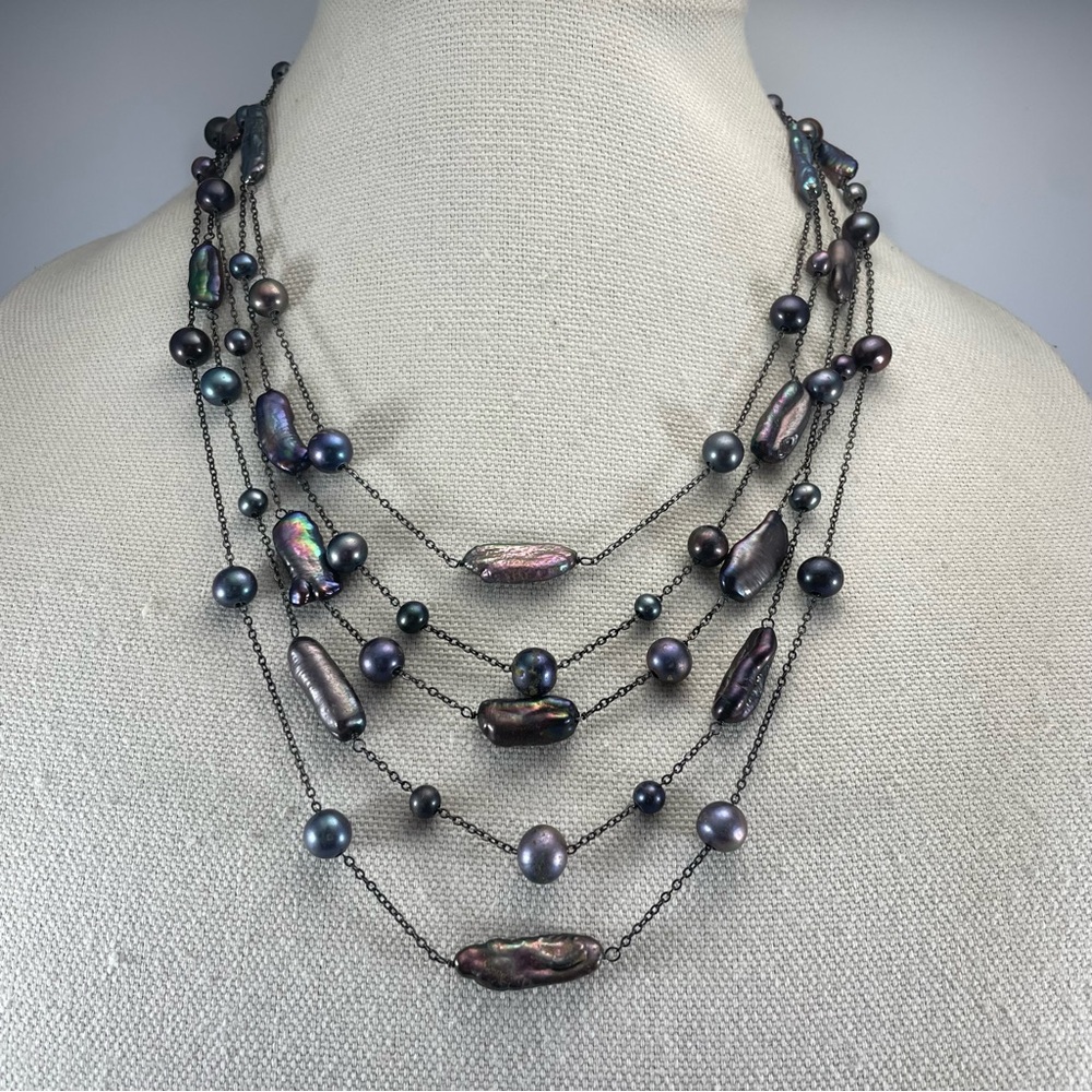 Peacock Freshwater Brocade Round Pearl Beaded Gunmetal Chain Layer Necklace